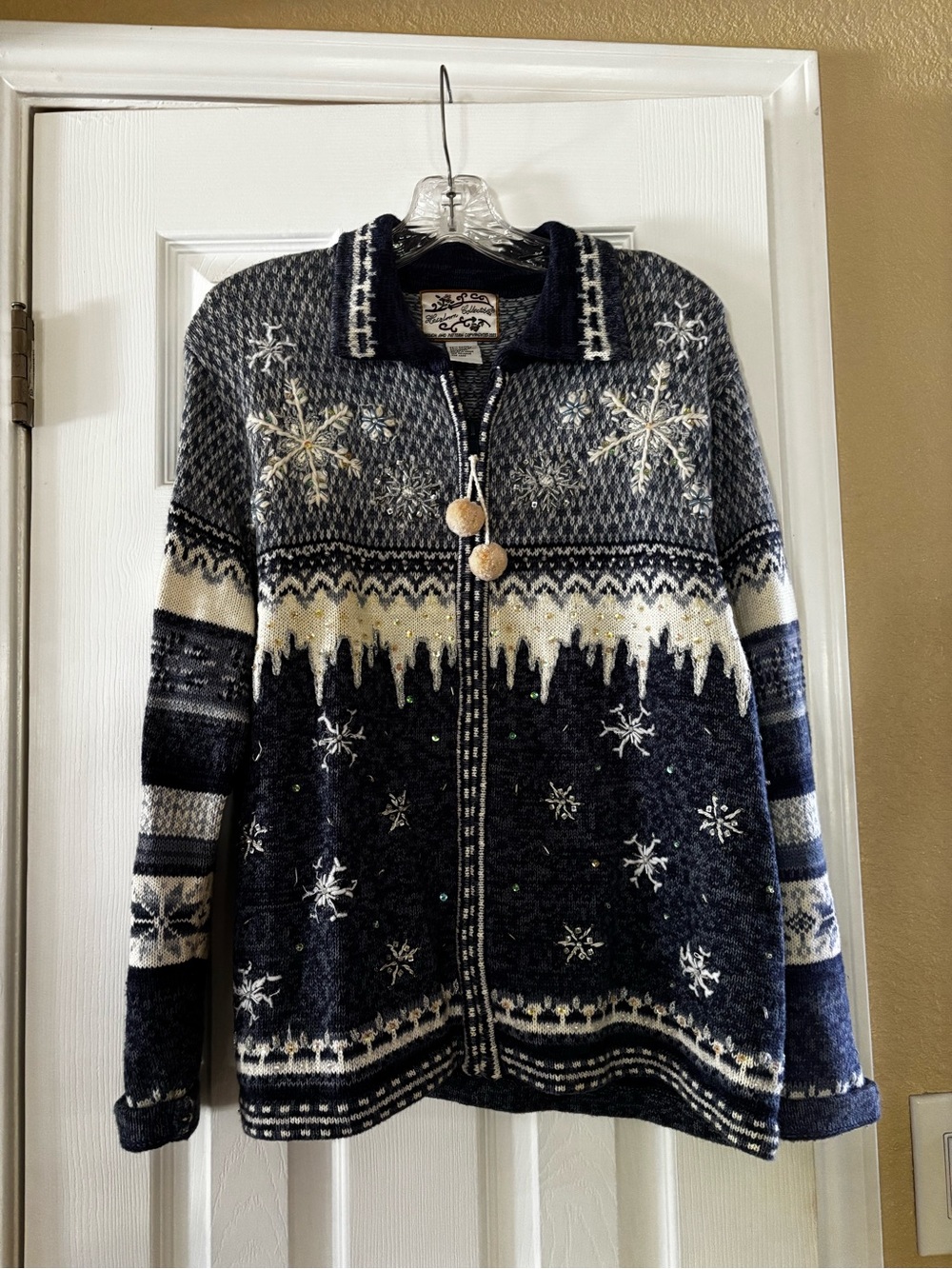 Navy and Cream Snowflake Zip-Front Cardigan Sweater